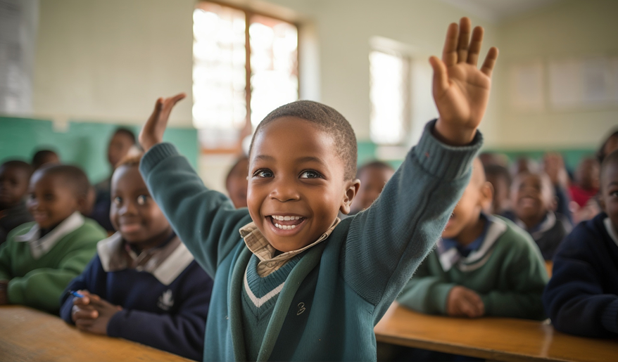 Child raising hand in classroom